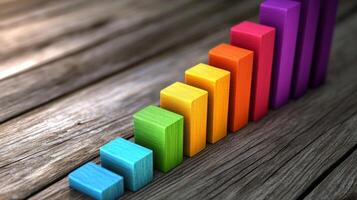 Colorful bar charts displaying steady business growth on rustic wooden surface photo