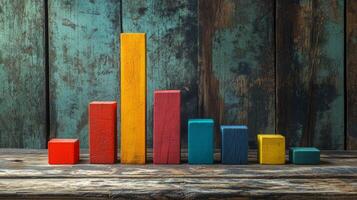Colorful wooden bar charts demonstrate steady business growth on a rustic wooden surface photo