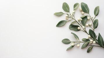 Mistletoe sprig with white berries against a simple white background, perfect for festive holiday decorations and celebrations photo