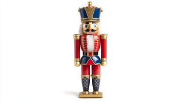 A traditional Christmas nutcracker standing tall against a simple white background, showcasing festive colors and intricate detailing photo