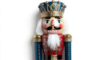 Christmas nutcracker standing proudly against a white background, showcasing intricate designs and festive colors perfect for holiday decor photo