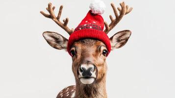 A cheerful Christmas reindeer wearing a festive red hat against a clean white background celebrating the holiday season photo