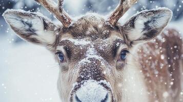 A close-up view of a Christmas reindeer adorned with snow on its fur against a white background during the winter holiday season photo