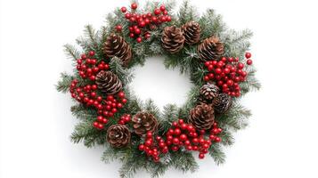 A festive Christmas wreath adorned with red berries and pinecones, perfect for holiday decoration against a white background photo