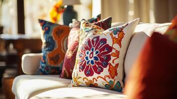 A cozy living room with vibrant decorative pillows on a soft sofa, illuminated by warm natural light for a relaxing atmosphere photo