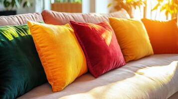A cozy living room bathed in natural light showcasing vibrant decorative pillows on a soft sofa for ultimate relaxation and leisure photo