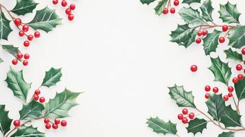 Festive arrangement of holly leaves and bright red berries on a clean white background for holiday decoration and celebration photo