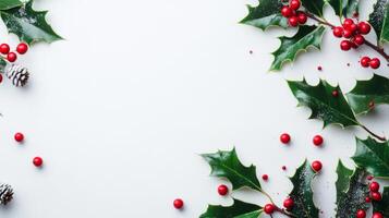 Festive holly leaves and bright red berries arranged beautifully on a white background for holiday celebrations and decorations photo