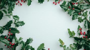Festive holly leaves and vibrant red berries arranged on a bright white background, perfect for holiday decorations and celebrations photo