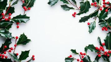 Festively arranged holly leaves adorned with bright red berries on a clean white background, perfect for winter celebrations or holiday decor photo