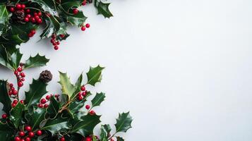 Festive holly leaves and bright red berries arranged on a white background, perfect for holiday decor and seasonal celebrations photo