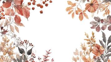 Delicate autumn-themed watercolor frame featuring vibrant foliage and seasonal blooms on a clean white background photo