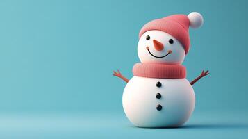 A cheerful snowman stands against a bright blue background, radiating holiday joy with a pink hat and scarf in wintertime photo
