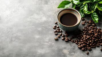 A warm cup of steaming coffee surrounded by aromatic coffee beans on a soft background inviting comfort and relaxation photo