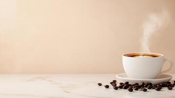 A steaming cup of coffee surrounded by aromatic beans on a soft background, invoking feelings of warmth and tranquility photo