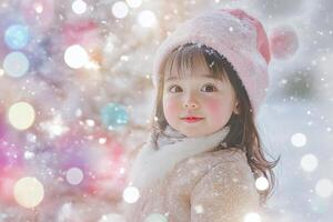 A charming Christmas greeting card featuring a young girl in a pastel winter scene with soft snowflakes and festive lights photo