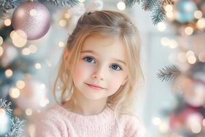 A sweet young girl smiles softly surrounded by pastel Christmas ornaments and shimmering lights in a festive setting photo