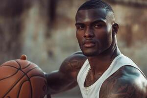 Handsome athletic basketball player with tattoos in uniform holding a basketball outdoors against an urban background photo