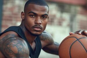 Athletic man with tattoos poses confidently while holding a basketball outdoors in an urban setting during daylight photo