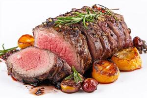 Cooked beef tenderloin served with roasted vegetables on a white background showcasing textures and colors, perfect for a gourmet meal presentation photo