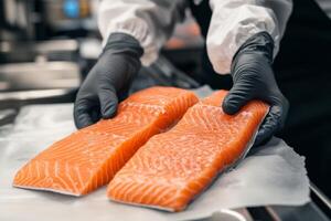 Fresh salmon fillet prepared for cooking, showcased on a clean white surface with emphasis on texture and color for culinary appeal photo