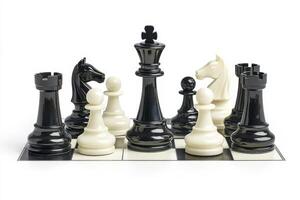 A close-up view of a chess game in progress showcasing black and white pieces on a classic board during a strategic match photo