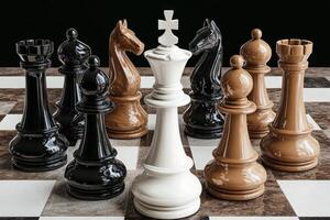 A close-up view of an intense chess match with various pieces in strategic positions during an ongoing game photo