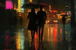 A couple walks hand in hand under umbrellas on a rainy city street at night, illuminated by the glow of neon lights photo