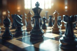 A close-up view of a strategic chess game in progress with various pieces on a wooden board illuminated by soft light photo