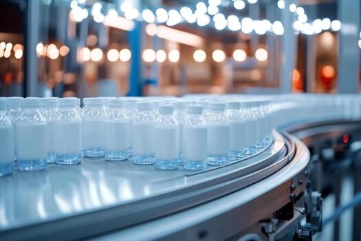 A modern dairy production line with bottles on a conveyor highlighting efficiency and cleanliness in milk packaging photo