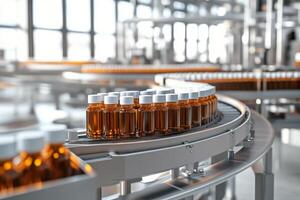 Modern dairy factory milk production line with bottles on a conveyor system emphasizes cleanliness and efficiency in operations photo