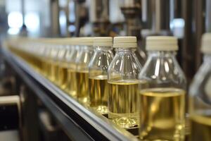 Modern dairy production line with bottles on conveyor showcasing sanitation and efficiency in a factory setting photo
