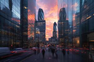 Modern skyscrapers reflect vibrant sunset colors in a bustling urban cityscape with active streets below photo