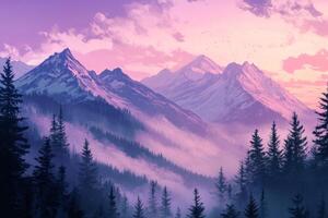 Serene mountain landscape at dawn with mist over pine forests and snow-capped peaks under soft pink and purple skies photo