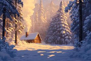 A cozy wooden cabin nestled in a snowy winter forest with tall pine trees and smoke rising from the chimney photo