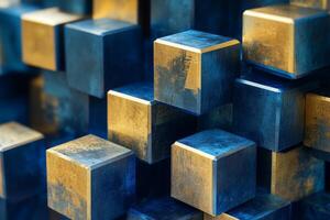 Futuristic geometric composition featuring abstract blue and gold cubes in a dynamic arrangement photo