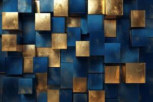 Futuristic abstract composition of blue and gold cubes creating a geometric landscape with a modern aesthetic photo