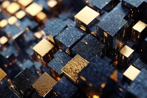 Futuristic geometric composition of abstract blue and gold cubes in a detailed 3D arrangement showcasing depth and structure photo