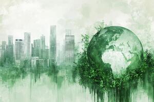 An abstract illustration of an eco-friendly earth surrounded by a vibrant cityscape and lush greenery representing sustainability and harmony photo