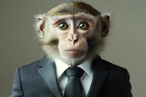 A formal monkey executive in a suit showcases business attire in a minimalist setting, emphasizing professionalism in an unexpected subject photo