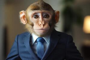 A monkey dressed in a formal suit engages in business activities at a modern office setting during daytime photo