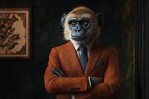 A monkey dressed in a sharp, formal suit stands with arms crossed in a sophisticated office environment photo