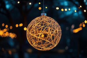 Elegant Christmas ball ornament with thin lines glowing softly against a festive backdrop of warm lights in a winter evening setting photo