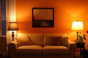 A cozy living room featuring warm orange walls and a stylish sofa, perfect for relaxation and comfort during the evening photo
