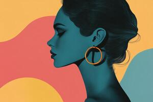 Elegant silhouette of a woman wearing hoop earrings set against vibrant colorful background with smooth shapes photo