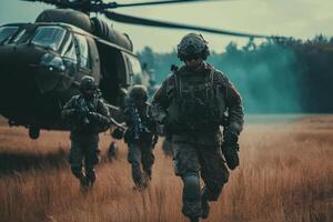 Military personnel disembark from a helicopter in a field during a tactical deployment exercise in a remote location photo
