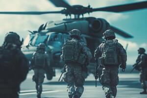 Military personnel disembarking from a helicopter during a deployment operation on a clear day photo