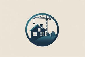Modern construction company logo featuring house silhouette and crane emphasizing reliability and quality design photo