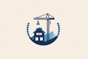 Modern construction company logo design featuring a house and crane in blue and gray tones representing reliability and quality photo