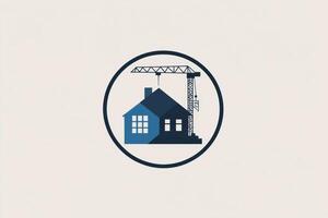 Modern construction company logo featuring a crane and house silhouette in blue and gray tones, symbolizing reliability and quality photo